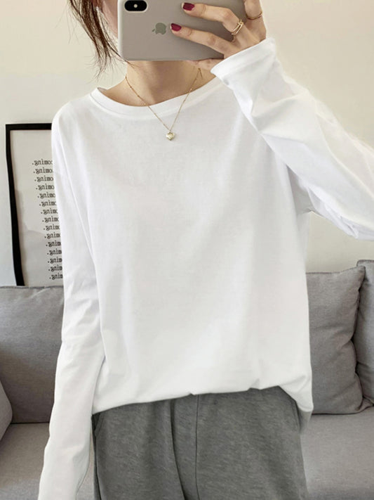 Early Spring New Shoulder Solid Color Loose Long Sleeves T-shirt