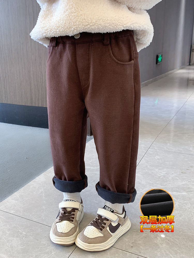 Girl Stretch Single-Layer Fleece-Lined Velvet Pants Autumn and Winter Outer Wear Thick Baby Straight-leg Casual Pants Kids Winter Tide