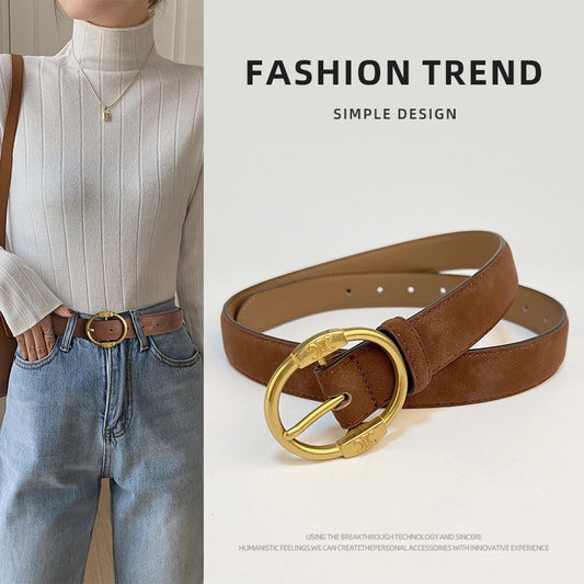 New Arrival Suede Frosted Leather Women's Belt Cowhide Women's Fancy Matching Skirt Denim round Buckle Belt