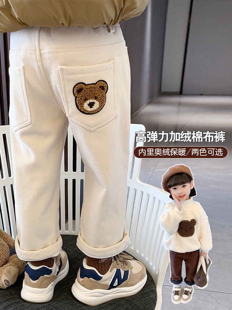 Girl Stretch Single-Layer Fleece-Lined Velvet Pants Autumn and Winter Outer Wear Thick Baby Straight-leg Casual Pants Kids Winter Tide