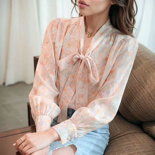 Loose Tie-Neck Elegant Chiffon Blouse with Floral Print